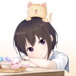  1girl blurry blush brown_hair cat commentary_request crossed_arms depth_of_field gradient gradient_background head_tilt highres indoors looking_at_viewer mito_ichijyo open_mouth original short_hair sitting solo table violet_eyes 