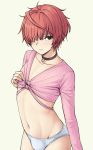  1other black_eyes brown_hair choker collar collarbone front-tie_top hair_over_one_eye hand_on_own_chest highres lace lace-trimmed_panties long_sleeves looking_at_viewer navel original panties pas_(paxiti) pink_shirt shirt short_hair simple_background underwear white_panties 