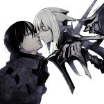  1boy 1girl black_hair blame! cibo cyberpunk cyborg greyscale highres imminent_kiss killy monochrome nabenko scar spot_color white_hair 