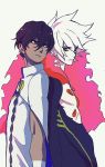  2boys arjuna_(fate/grand_order) back-to-back bangs bodysuit brown_eyes brown_hair cape closed_mouth commentary_request dark_skin dark_skinned_male eyebrows_visible_through_hair eyeshadow fate/grand_order fate_(series) green_eyes grey_background hair_between_eyes highres karna_(fate) makeup mi_(pic52pic) multiple_boys pale_skin simple_background standing white_hair 