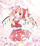  1girl :d arm_up bangs blonde_hair blush bow cherry_blossoms commentary_request crystal eyebrows_visible_through_hair fang flandre_scarlet flower hair_between_eyes hair_bow hat head_tilt looking_at_viewer mob_cap one_side_up open_mouth petals pink_flower puffy_short_sleeves puffy_sleeves red_bow red_eyes red_skirt red_vest rikatan shirt short_sleeves skirt skirt_set smile solo touhou vest white_hat white_shirt wings wrist_cuffs 
