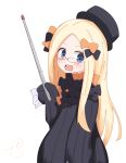  1girl :d abigail_williams_(fate/grand_order) bangs black_bow black_dress black_hat blonde_hair blue_eyes blush bow commentary_request dress fate/grand_order fate_(series) forehead glasses hair_bow hat highres holding kujou_karasuma long_hair long_sleeves open_mouth orange_bow parted_bangs pointer signature simple_background sleeves_past_fingers sleeves_past_wrists smile solo very_long_hair white_background 
