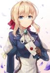  1girl bangs blonde_hair blue_eyes blue_jacket braid commentary_request dress eyebrows_visible_through_hair gloves hair_between_eyes hair_intakes hair_ribbon highres jacket jewelry letter long_hair long_sleeves looking_at_viewer motokonut parted_lips petals red_ribbon ribbon solo upper_body violet_evergarden violet_evergarden_(character) 