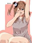  1girl amu_(258shin) armpits blue_eyes brown_hair hair_between_eyes kantai_collection long_hair looking_at_viewer ponytail ribbed_sweater saratoga_(kantai_collection) side_ponytail sleeveless solo sweater sweater_vest waking_up yawning 