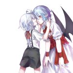  2girls ahoge bat_wings black_shorts black_wings blue_hair blush brooch buttons closed_mouth commentary dress frilled_sleeves frills izayoi_sakuya jewelry long_hair multiple_girls one_eye_closed pointy_ears puffy_short_sleeves puffy_sleeves red_eyes red_neckwear remilia_scarlet shirt short_hair short_sleeves shorts shouzuo smile standing suspenders touhou white_background white_dress white_shirt wings younger 