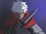  1boy black_gloves brown_eyes cape closed_mouth commentary_request dagger dark_skin dark_skinned_male emiya_kiritsugu emiya_kiritsugu_(assassin) eyebrows_visible_through_hair fate/grand_order fate_(series) gloves holding holding_weapon looking_at_viewer mi_(pic52pic) purple_background solo upper_body weapon white_hair 