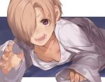  1girl blonde_hair breasts brown_eyes claw_pose cleavage collarbone commentary_request downblouse earrings feet_out_of_frame geregere_(lantern) hair_over_one_eye idolmaster idolmaster_cinderella_girls jewelry looking_at_viewer lying open_mouth oversized_clothes shirasaka_koume short_hair sleeves_past_wrists small_breasts solo teeth 