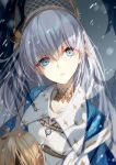  1girl anastasia_(fate/grand_order) bangs bison_cangshu blue_eyes blush cape commentary_request doll dress eyebrows_visible_through_hair fate/grand_order fate_(series) hairband holding jewelry long_hair looking_at_viewer orange_hairband orange_ribbon ribbon royal_robe silver_hair solo very_long_hair 