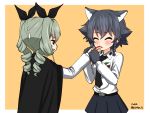  2girls anchovy animal_ears anzio_school_uniform artist_name bangs belt black_belt black_cape black_hair black_neckwear black_skirt braid cape cat_ears closed_eyes closed_mouth commentary dress_shirt drill_hair eating emblem eyebrows_visible_through_hair feeding food girls_und_panzer gloves green_hair holding holding_food jitome kemonomimi_mode long_hair long_sleeves looking_at_another miniskirt multiple_girls necktie open_mouth pantyhose paw_gloves paws pepperoni_(girls_und_panzer) pleated_skirt red_eyes ruka_(piyopiyopu) school_uniform shirt short_hair side_braid skirt smile standing sweatdrop twin_drills twintails twitter_username upper_body v-shaped_eyebrows white_legwear white_shirt wing_collar 