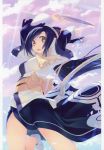  1girl absurdres ainu_clothes amazuyu_tatsuki animal_ears arm_up arms_up bangs blue_hair boots breasts brown_eyes cherry_blossoms clouds cloudy_sky dagger eyebrows_visible_through_hair hair_ornament highres holding kuon_(utawareru_mono) looking_at_viewer medium_breasts obi official_art open_mouth outdoors petals sash scan scarf side_slit sky solo sunlight tail utawareru_mono utawareru_mono:_itsuwari_no_kamen weapon wide_sleeves 