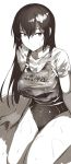  1girl breasts copyright_request highres large_breasts lolicept long_hair monochrome school_swimsuit shirt sitting swimsuit wet wet_clothes wet_shirt wet_t-shirt 
