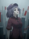  1girl black_ribbon blue_eyes blurry blurry_background breasts collar collared_shirt commentary_request fang highres looking_up miyako_yoshika open_mouth outdoors rain ribbon shirt short_hair short_sleeves solo teraguchi touhou upper_body 
