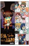  2girls 4boys 4koma artist_name basket black_hair blonde_hair blue_eyes blue_hair candy child comic copyright_name darling_in_the_franxx eating food futoshi_(darling_in_the_franxx) gorou_(darling_in_the_franxx) green_eyes highres hiro_(darling_in_the_franxx) ichigo_(darling_in_the_franxx) logo_parody lollipop marionette mato_(mozu_hayanie) mitsuru_(darling_in_the_franxx) multiple_boys multiple_girls puppet sitting the_godfather throne translation_request uniform younger 