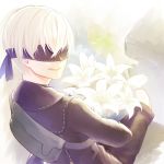  1boy android blindfold bouquet commentary flower hair_over_eyes holding holding_bouquet jacket kicchan lunar_tear male_focus nier_(series) nier_automata open_mouth short_hair shorts silver_hair sitting smile solo yorha_no._9_type_s 