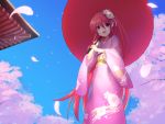  1girl blue_sky cherry_blossoms day eyebrows_visible_through_hair flower from_below hair_flower hair_ornament highres japanese_clothes kimono long_hair looking_at_viewer ohlia open_mouth oriental_umbrella outdoors petals red_eyes redhead shakugan_no_shana shana sky solo standing umbrella 