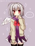  ... 1girl bangs black_legwear blush bow brown_background brown_jacket closed_mouth dress eyebrows_visible_through_hair feathered_wings grey_hair hair_between_eyes hand_up highres himetsuki_luna jacket kishin_sagume long_sleeves open_clothes open_jacket purple_dress red_bow red_eyes simple_background single_wing sleeves_past_wrists solo sparkle spoken_ellipsis sweat thigh-highs touhou twitter_username white_wings wings 