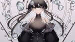 1girl absurdres bangs bare_shoulders black_dress black_hair breasts closed_mouth dress english_commentary eyebrows_visible_through_hair grey_eyes highres long_hair looking_at_viewer mea_(hwaksal) medium_breasts original solo upper_body wide_sleeves 
