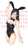  1girl :d animal_ears arm_at_side arm_up armpits bangs bare_shoulders black_bow black_hair black_hairband black_leotard black_neckwear black_ribbon blush bow bowtie breasts bunnysuit cleavage copyright_request cropped_legs detached_collar eyebrows_visible_through_hair fake_animal_ears groin hairband highres large_breasts leotard lips looking_at_viewer open_mouth pirlo rabbit_ears ribbon side-tie_leotard smile solo strapless strapless_leotard swept_bangs tareme thighs upper_teeth violet_eyes wrist_cuffs 