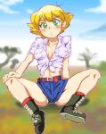  1girl breasts cleavage commentary_request graphite_(medium) millipen_(medium) onnaski short_hair short_shorts shorts solo traditional_media world_masterpiece_theater 