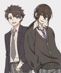  2boys :d blue_eyes blue_jacket blue_neckwear brown_hair collared_shirt commentary_request eyebrows_visible_through_hair fate/grand_order fate_(series) fujimaru_ritsuka_(male) green_eyes grey_background grey_neckwear hands_in_pockets highres jacket long_hair long_sleeves looking_at_another mi_(pic52pic) multiple_boys necktie open_mouth pants ponytail shirt simple_background smile standing white_shirt wing_collar yan_qing_(fate/grand_order) 