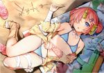  1girl arm_warmers bandage bandaged_arm bandaged_leg bangs bare_shoulders beach beach_towel bikini blue_bikini blue_eyes breasts day double_bun fate/apocrypha fate/grand_order fate_(series) feet frankenstein&#039;s_monster_(fate) frankenstein&#039;s_monster_(swimsuit_saber)_(fate) from_above full_body hair_ornament hair_over_one_eye hairpin halter_top halterneck highres horn looking_at_viewer lying navel on_back outdoors pink_hair sand sand_writing sandals sandals_removed scan short_hair small_breasts solo swimsuit toes towel umakuchi_shouyu water_gun 