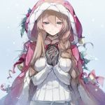  1girl alternate_costume alternate_hairstyle bangs bell belt blush braid breasts brown_hair buckle candy candy_cane christmas christmas_ornaments coat eyebrows_visible_through_hair food fur-trimmed_coat fur_trim girls_frontline gloves green_eyes hair_between_eyes hair_over_shoulder half-closed_eyes hands_together hood hood_up hooded_coat large_breasts long_hair long_sleeves looking_at_viewer looking_down m1903_springfield_(girls_frontline) red_coat ribbed_sweater shuzi sidelocks simple_background smile snow snowing solo sweat sweater upper_body very_long_hair white_sweater 