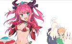  &lt;o&gt;_&lt;o&gt; +_+ ... 1girl 2boys :&gt; armor bandage bandaged_arm bangs bikini bikini_armor blood blue_eyes blush breasts character_request choker closed_mouth curled_horns dragon_horns elizabeth_bathory_(brave)_(fate) elizabeth_bathory_(fate)_(all) eyebrows_visible_through_hair facing_away fang fate/grand_order fate_(series) green_shirt hair_ribbon head_tilt highres horns jackal_ears light_brown_hair long_hair long_sleeves medjed mochii multiple_boys navel nosebleed open_mouth oversized_clothes pauldrons pink_hair pointy_ears purple_ribbon red_bikini red_choker ribbon robin_hood_(fate) shield shirt single_sleeve small_breasts spoken_ellipsis string_bikini sweat swimsuit tiara two_side_up vambraces very_long_hair wavy_mouth white_background 