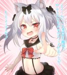  1girl :d anchor_choker animal_ears azur_lane bangs bare_arms bare_shoulders black_bow black_choker black_skirt bow bowtie breasts choker commentary_request crop_top emphasis_lines eyebrows_visible_through_hair fang hair_between_eyes hair_bow koko_ne_(user_fpm6842) long_hair medium_breasts midriff navel open_mouth pleated_skirt red_eyes red_neckwear school_uniform serafuku shirt silver_hair skirt sleeveless sleeveless_shirt smile solo translation_request twintails white_shirt yukikaze_(azur_lane) 