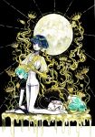  androgynous bangs blue_eyes blue_hair blunt_bangs full_moon gem_uniform_(houseki_no_kuni) gold golden_arms green_eyes green_hair heterochromia houseki_no_kuni kneeling looking_at_viewer moon multiple_persona phosphophyllite phosphophyllite_(ll) see-through short_hair spoilers white_eyes 