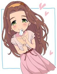  1girl artist_request blush breasts brown_hair card_in_mouth commentary_request flower green_eyes hair_flower hair_ornament heart idolmaster idolmaster_cinderella_girls kusakabe_wakaba license_plate long_hair long_skirt looking_at_viewer mouth_hold pink_shirt pink_skirt sexually_suggestive shirt shirt_pull simple_background skirt sleeveless small_breasts solo sweat wavy_hair 