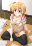  1girl :3 black_legwear blonde_hair blue_eyes breasts character_request cleavage collarbone comic_girls commentary english_commentary eraser eyebrows_visible_through_hair full_body hair_between_eyes hair_ornament highres hood hood_down hoodie kazenokaze large_breasts looking_at_viewer pencil side_ponytail sitting smile solo thigh-highs 