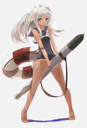  1girl barefoot between_legs black_swimsuit blonde_hair blue_eyes blue_sailor_collar crop_top flower full_body grey_background hair_flower hair_ornament highres kantai_collection lifebuoy mannouyakunta one-piece_swimsuit one-piece_tan ro-500_(kantai_collection) sailor_collar school_swimsuit simple_background solo standing swimsuit swimsuit_under_clothes tan tanline tiptoes torpedo 