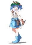  1girl :d ahoge bangs bare_arms bare_shoulders belt blue_eyes blue_footwear blue_hair blue_jacket blush boots breasts brown_gloves buckle clothes_around_waist commentary_request contrapposto drying erect_nipples flat_cap from_side full_body gloves goggles goggles_on_head goggles_on_headwear green_hat grey_tank_top hair_between_eyes hair_bobbles hair_ornament hand_up hat highres holding inuno_rakugaki jacket jacket_around_waist kawashiro_nitori long_sleeves looking_away looking_back looking_to_the_side medium_breasts open_mouth pliers pocket pouch rubber_boots screwdriver shadow shiny shiny_clothes shiny_hair short_hair simple_background smile solo sparkle standing sweat tank_top tareme tool_belt touhou towel towel_around_neck two_side_up upper_teeth white_background white_towel wiping_sweat wrench 