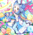  3girls :d :o animal_ears armband azumarill black_eyes blue_hair blue_legwear blush bow breasts cleavage detached_sleeves double_bun egg egg_hair_ornament food_themed_hair_ornament fuwasn1545 hair_bun hair_ornament hairclip hat highres long_hair looking_at_viewer marill multiple_girls open_mouth personification pink_ribbon pokemon rabbit_ears ribbon smile tail wide_sleeves 