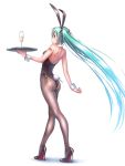  1girl alcohol alternate_costume animal_ears aqua_eyes aqua_hair aqua_nails arched_back ass back-seamed_legwear bare_shoulders black_footwear black_hairband black_legwear black_leotard black_ribbon blue_hair blush bunny_tail bunnysuit champagne champagne_flute closed_mouth cup drinking_glass fake_animal_ears fake_tail from_behind gradient_hair hairband hatsune_miku high_heels holding holding_tray leotard long_hair looking_back multicolored_hair nail_polish number_tattoo profile rabbit_ears ribbon seamed_legwear shiny shiny_hair shoulder_blades shoulder_tattoo side-tie_leotard simple_background smile solo strapless strapless_leotard tail tareme tattoo tray very_long_hair vocaloid white_background wokada wrist_cuffs 