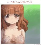  1girl artist_name bangs blunt_bangs bow bow_bra bra breasts cleavage collarbone commentary_request dated eyebrows_visible_through_hair flying_sweatdrops girls_und_panzer heart light_frown long_hair looking_at_viewer medium_breasts nyororiso_(muyaa) orange_eyes orange_hair parted_lips pink_bra signature sketch solo sweatdrop takebe_saori translation_request underwear underwear_only upper_body 