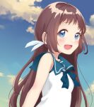  017 1girl blue_eyes blue_sailor_collar blue_sky brown_hair clouds dress long_hair looking_at_viewer mukaido_manaka nagi_no_asukara nami_junior_high_school_uniform sailor_collar sailor_dress school_uniform serafuku sky sleeveless sleeveless_dress smile solo upper_body white_dress 