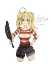  1girl :&gt; ahoge belt blue_shorts blush cowboy_shot fate_(series) frying_pan green_eyes looking_at_viewer nakatokung nero_claudius_(fate) nero_claudius_(fate)_(all) shirt short_shorts shorts simple_background smile solo striped striped_shirt translation_request twintails white_background 