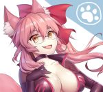  1girl animal_ears bow breasts choker cleavage collarbone eyebrows_visible_through_hair fang fate/grand_order fate_(series) fox_ears fox_tail glasses hair_bow large_breasts long_hair looking_at_viewer open_mouth pink_hair sidelocks skin_tight solo tail tamamo_(assassin)_(fate) tamamo_(fate)_(all) very_long_hair yaxiya yellow_eyes 