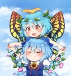  2girls :&gt; :d antennae behind_another blue_bow blue_hair blue_sky blush bow butterfly_wings caramell0501 cirno closed_eyes clouds day eternity_larva eyebrows_visible_through_hair flower hair_between_eyes hair_bow hand_holding leaf leaf_on_head looking_at_another looking_down morning_glory multiple_girls open_mouth outdoors outstretched_arms puffy_short_sleeves puffy_sleeves red_eyes red_ribbon ribbon short_hair short_sleeves sky smile spread_arms sunflower touhou upper_body wings 