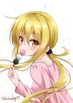  1girl bangs blonde_hair blush casual dango eating eyebrows_visible_through_hair food from_side hair_tie holding holding_food hoshino_kagari kantai_collection leaning_forward long_hair long_sleeves looking_at_viewer looking_to_the_side low_ponytail nail_polish pink_nails pink_shirt sanshoku_dango satsuki_(kantai_collection) shiny shiny_hair shirt sidelocks solo tareme twitter_username upper_body wagashi yellow_eyes 