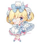  1girl :q animal animal_on_head bell blonde_hair blue_bow blue_eyes blush bow cat cat_on_head chibi commentary cutesu_(cutesuu) english_commentary eyebrows_visible_through_hair eyepatch frills hair_bell hair_bow hair_ornament head_wings jingle_bell knees_together_feet_apart long_sleeves looking_at_viewer medical_eyepatch mochii on_head original pink_legwear signature simple_background sleeves_past_fingers smile solo tongue tongue_out white_background 