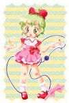  1girl :o blush bobby_socks bow cup dress drinking_glass drinking_straw food fork full_body green_eyes green_hair hair_bow holding holding_plate holding_tray komeiji_koishi lace_border mary_janes name_tag pigeon-toed pink_bow plate red_bow red_footwear shoes short_sleeves socks solo strawberry_shortcake striped striped_background third_eye topknot touhou tray white_legwear zatsuni 