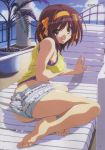  1girl ass bad_feet barefoot breast_hold breasts brown_hair chair feet hair_ribbon highres lounge_chair medium_breasts megami nishiya_futoshi ribbon scan short_hair short_shorts shorts sideboob soles solo suzumiya_haruhi suzumiya_haruhi_no_yuuutsu toes 