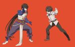  2boys :d belt black_hair black_pants blue_eyes brown_footwear brown_hair dancing eyebrows_visible_through_hair fate/grand_order fate_(series) fujimaru_ritsuka_(male) full_body_tattoo gauntlets green_eyes grey_footwear grey_jacket jacket long_hair long_sleeves looking_at_viewer male_focus mi_(pic52pic) multiple_boys open_mouth pants pelvic_curtain red_background sash shoes simple_background smile stance tattoo very_long_hair yan_qing_(fate/grand_order) 