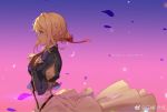  1girl 254365416 bangs blonde_hair blue_eyes blue_jacket braid brooch dress eyebrows_visible_through_hair from_side gloves hair_between_eyes hair_intakes hair_ribbon hand_on_own_chest jacket jewelry long_sleeves petals red_ribbon ribbon solo violet_(flower) violet_evergarden violet_evergarden_(character) 