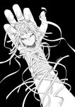  1girl arm artist_name black_background black_sclera commission eudetenis forehead_jewel hands highres looking_at_viewer monochrome original smile wrapped_up 