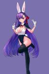  1girl absurdres animal_ears bb_(fate/extra_ccc) black_legwear breasts bunny_tail covered_navel drawfag earrings fake_animal_ears fate/extra fate_(series) gloves groin highres jewelry long_hair looking_at_viewer medium_breasts purple_background purple_hair sketch solo standing standing_on_one_leg tail thigh-highs very_long_hair violet_eyes white_gloves 