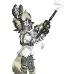  1girl african_wild_dog_(kemono_friends) african_wild_dog_ears african_wild_dog_print african_wild_dog_tail animal_ears bodystocking bullpup casing_ejection cowboy_shot eyebrows_visible_through_hair fingerless_gloves from_side gas_mask gloves gomu gun hands_up headset holding holding_gun holding_weapon kemono_friends long_sleeves mask p90 reloading shell_casing shirt short_hair short_sleeves shorts simple_background smoke smoking_gun solo standing submachine_gun tail thigh_pouch weapon white_background 