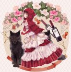  1girl argyle argyle_background artist_name bangs bottle braid brown_eyes brown_hair clenched_hand commentary_request dress elbow_gloves flower food from_side fruit gloves grimm&#039;s_fairy_tales hood hood_up lace layered_dress little_red_riding_hood little_red_riding_hood_(grimm) lolita_fashion long_dress long_hair looking_back needle original pin red_dress red_gloves red_hood red_ribbon ribbon scissors solo spool strawberry supika thread wine_bottle wolf 